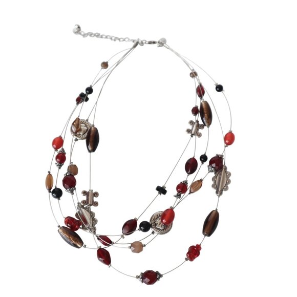 Multi-Strand Red & Brown Beaded Necklace With Silver-Tone Accents - Picture 4 of 5